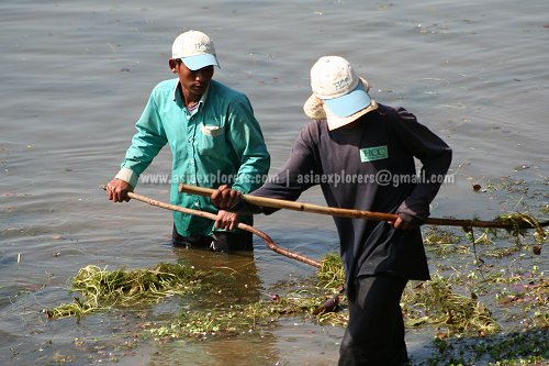 Angkor maintenance: workers keeping the Srah Srang ancient man-made reservoir clean