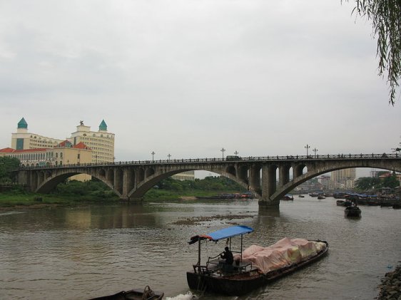 Ka Long River separating Vietnam from China, and linked by the Ka Long Bridge