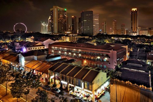Kampong Glam at night with the Singapore skyline
