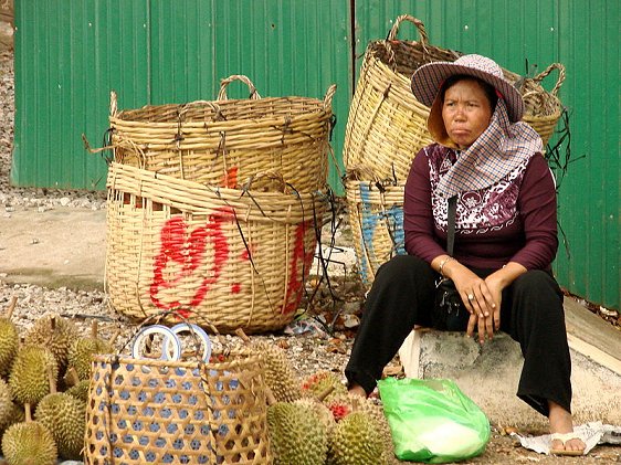 Durian seller at the market in Kep, Cambodia