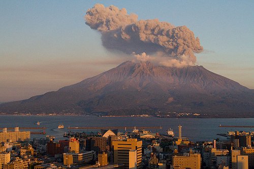 Sakurajima the volcano, at sunset, over Kagoshima