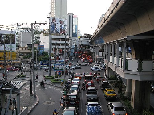 Sukhumvit Road, with the Sukhumvit Line on the right, at Wattana district, Bangkok Sukhumvit Road, with the Sukhumvit Line on the right, at Wattana district, Bangkok