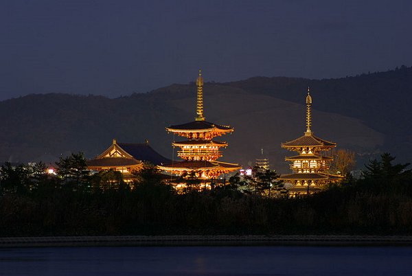 View of Yakushi-ji Temple, with its East and West Pagodas, at night View of Yakushi-ji Temple, with its East and West Pagodas, at night